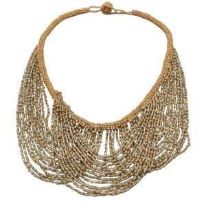 Handcrafted Layered Beaded Necklace In Beige Metallic Beads With Loop Closure